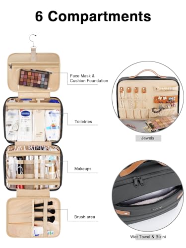 COOSKY Women's Hanging Toiletry Bag, Waterproof Travel Cosmetic Organizer with Jewelry Storage, Large Capacity Makeup Case for Full-Size Skincare & Bathroom Essentials, Portable Cosmetic kit, Black - color: Black