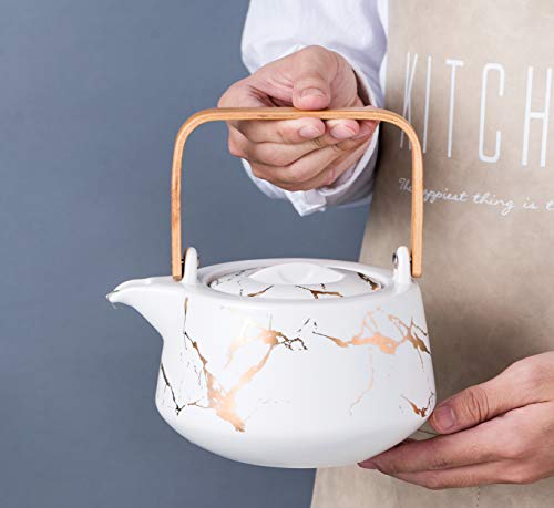 Serve of 4-Marble Porcelain Teapot Set with Infuser for Loose Tea, White - color: White