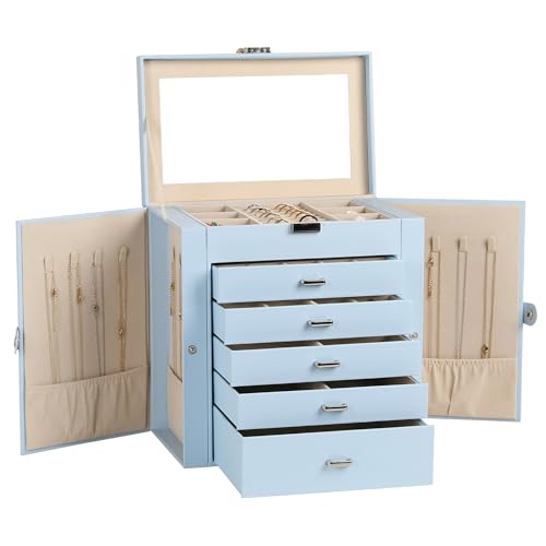 Frebeauty 6-Layer Jewelry Box for Women,Large Jewelry Organizer with Drawer - color: Sky Blue, size: Large