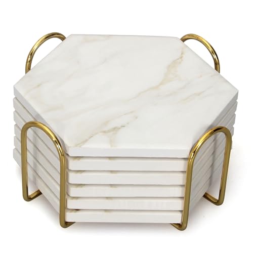 6 Pcs White Marble Coasters Set with Holder Hexagon Ceramic Drink Coaster - color: Beige