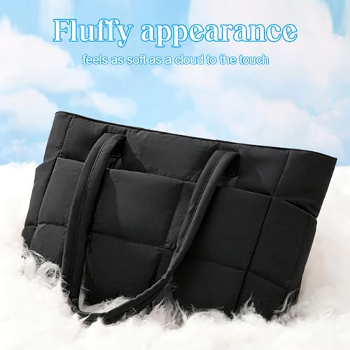 Puffer Tote Bag for Women, Quilted Multi-Pocket Lightweight Shoulder Bag for Work, Travel, Gym - color: Black