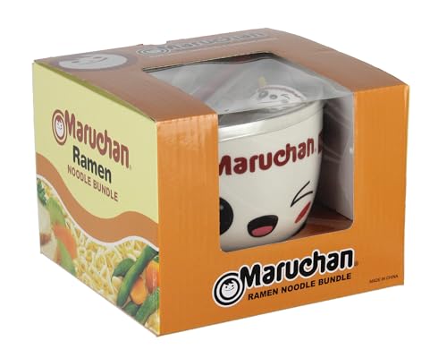 Seven Times Six Maruchan Ramen Kawaii Face Instant Lunch 4 Piece Noodle Ramen Bowl Set w Bowl, Spoon, Chopsticks, and Chopstick Holder