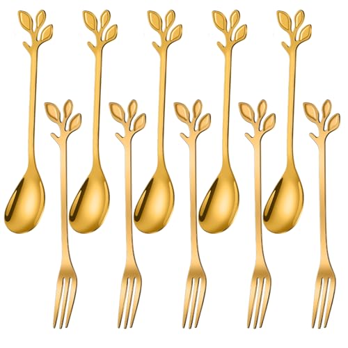 AnSaw 10-Pc Gold Mini Spoons & Forks Set, 4.7" - Leaf Handle - color: Gold