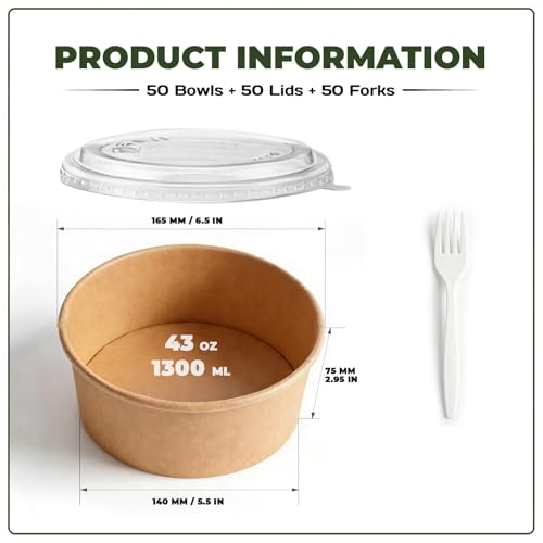 TOPtoper 43Oz 50Pcs Paper Bowls with Lids and Forks | Heavy Duty, Kraft Paper, Soak-Proof, For Hot/Cold Food, Disposable Meal Prep Containers - size: 43 OZ
