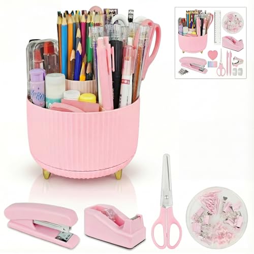 Pink Office Desk Accessories, 15pcs Office Supplies 360°Pen Holder , Stapler, Staple Remover, Tape Dispenser,Tape Refills, Binder Paper Clips Kit, Scissor, Cute Desk Accessories for Women Gift Set