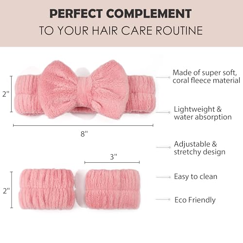Ayesha Spa Headband and Wristband Set for Washing Face Skincare Makeup - color: Pink set
