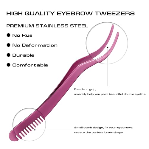 2 in 1 Lash Tweezer with Comb, Stainless Steel Elbow Tweezers, Eyelash Extension, Precise Eyebrow Tweezers Tool, Lashes Tweezer Applicator for DIY Applying False Eyelashes Clusters, Rose - color: Pink