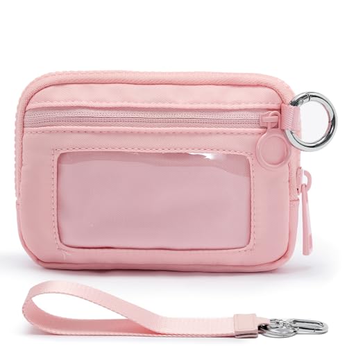 Small Wristlet Wallets for Women with Clear ID Window, Keychain Coin Purse - color: Pink