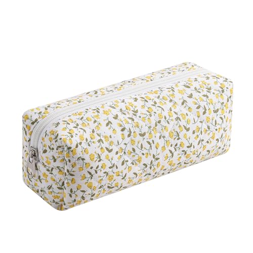 Cute Floral Cotton Makeup Brush Cosmetic Bag for Women, Travel Quilted Zipper Make Up Bag, Flowers Toiletry Organizer Case Kawaii Makeup Cosmetic Travel Cloth Pouch (Yellow Floral) - color: 10 Yellow Floral