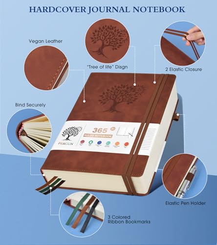 PERCUN B5 Lined Journal Notebook - 365 Page Large Leather Journals for Writing Women Men，Hardcover Notebook with 100Gsm Thick Pages，Daily Diary for Travel, Work，School，College Ruled (7.6" x 10.3") - color: Brown, size: B5