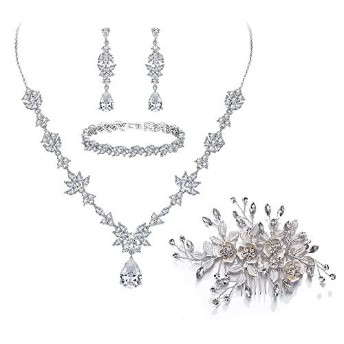 BriLove Wedding Jewelry Set for Women, Y-Necklace Tennis Bracelet Dangle Earrings with AAA Cubic Zirconia Teardrop for Bridal Bridesmaid - color: clear