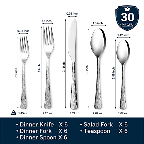 Silverware Set for 6, 30 Piece Flatware Set, 18/10 Stainless Steel - color: Silver, size: 30-Piece