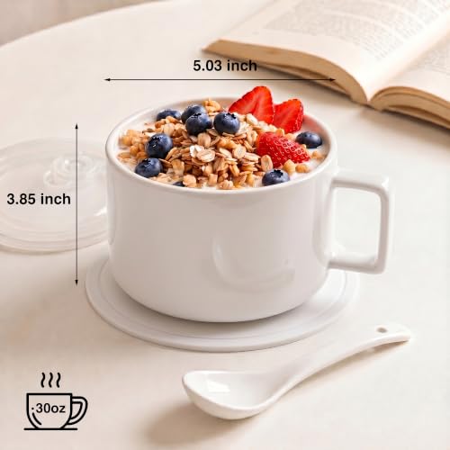 Ceramic Soup Bowls with Handles & Lids, Set of 2 with Spoons & Trivets, 30oz Large Soup Mugs, Oven Safe Bowls for Soup, Ramen, Oatmeal & Cereal, Microwave & Dishwasher Safe, White - color: White
