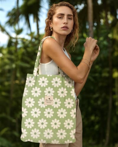 Miss Adola Corduroy Tote Bag for Women Cute Design - color: Green Daisy