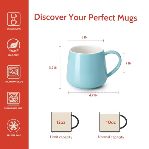 Sweese Porcelain Coffee Mugs Set of 6, 12 Ounce Coffee Cups with Handle for Coffee, Tea, Cocoa, Blue Assorted Colors Coffee Mugs with Modern Design for Great Gift Option, Microwave Safe