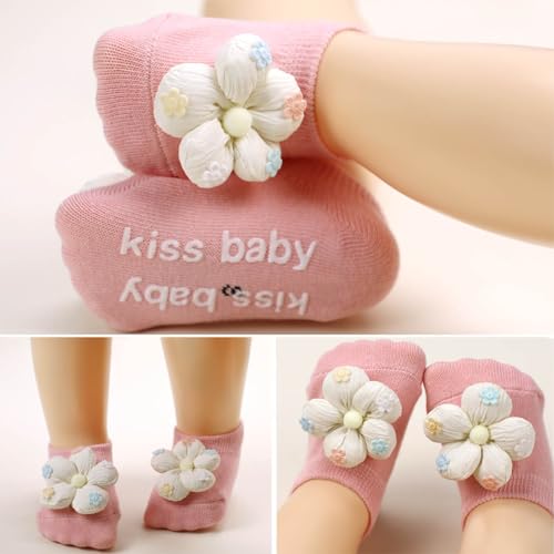 4Packs Baby Girls Socks,Flower Non-Slip Grips for Babies Toddler Princess - color: Yellow Pink Green Blue