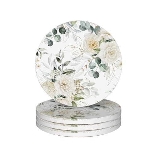 Drinks Coasters Set of 4, Green Leaves Peony Round 4" Cup Coasters, Absorbent Ceramic Stone Coasters with Cork Base, Cute Coasters for Table Home Décor, Ideal Gifts for Women Men - color: Green Leaves