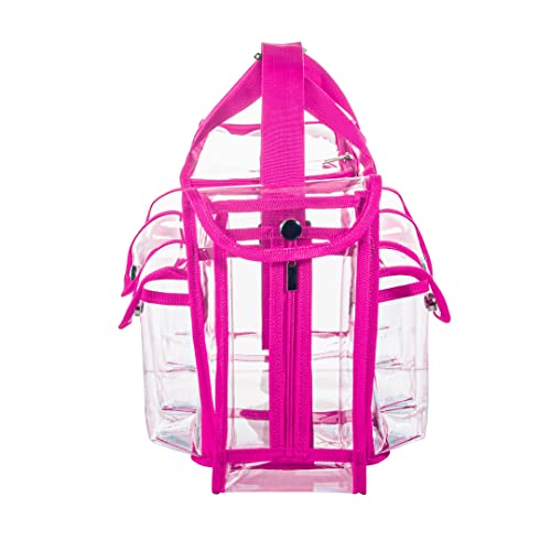 Wide Opening Large Professional Clear PVC Travel Makeup Artist Set Bag Cosmetic Nails Beauty Bags Transparent Vinyl Tool Organizer Beach Bags Diaper Bag with 6 External Pockets & Strap (Pink) - color: Pink