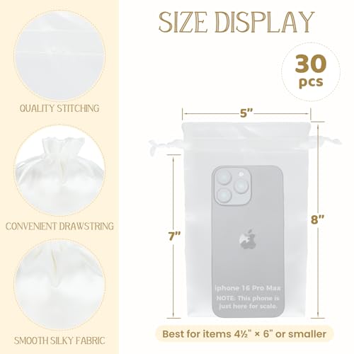 30Pcs Satin Gift Bags, 5x8 White Cloth Drawstring Pouch - color: White, size: 5×8 in