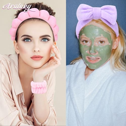 6 Pcs Spa Headband Set - Terry Cloth Headbands with Sponge Wristbands for Skincare, Makeup Removal, and Shower - color: Pink+Purple