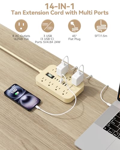 Beige Power Strip with USB Ports - 5 FT - color: Beige, size: 5FT