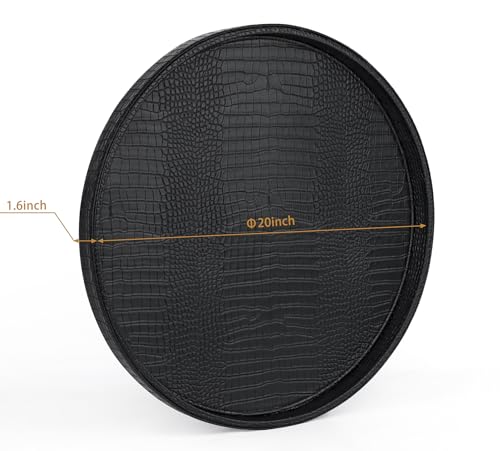 HofferRuffer Round Serving Tray 20'', Elegant Faux Leather Circle Ottoman Table Tray, Serve Tea Coffee Breakfast in Bedroom Living Room Kitchen (Classic Black) - color: Black, size: 20"