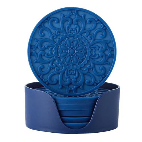 Colinda Silicone Coasters - Set of 6 with Holder, Non-Slip Cup Mats for Hot and Cold Drinks, Decorative Designs, Gift Ready Packaging, Navy Blue - color: Navy Blue