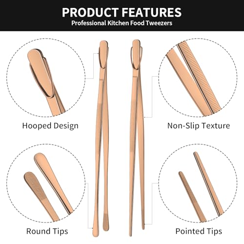 DEHOV 12 Inch Stainless Steel Kitchen Tongs For Cooking Tweezers, Rose Gold Metal Long Food Tweezers, BBQ Grilling Tongs For Spaghetti - color: Rose Gold