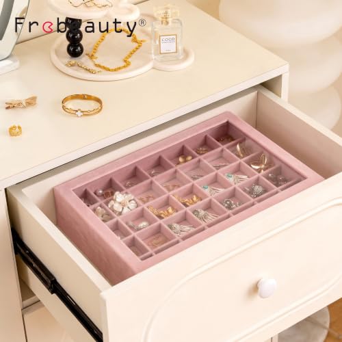 Frebeauty 35 Grid Earring Organizer,Velvet Jewelry Tray with Clear Lid - color: Pink, size: 35 Grid