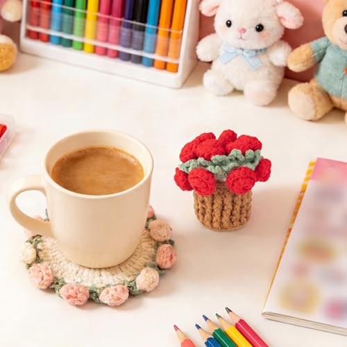 Crochet Flowers Coasters with Basket,Handmade Rose Bouquet Blanket Kawaii Decor Coaster for Desk,Coffee Table,Home Decor,Wedding Gift,Housewarming,Birthda(2Pcs) (Red,Pink) - color: Red,pink