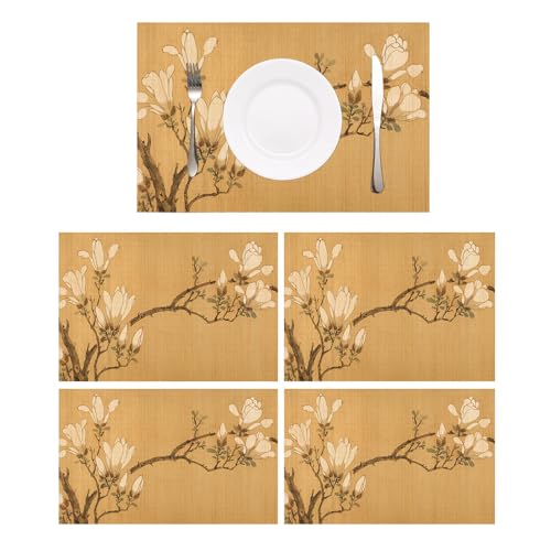 Bamboo Placemats Set of 4, Asian Style Table Mats Ancient Chinese Paintings Zen Floral Place Mats for Indoor Outdoor Kitchen Dining Table (Magnolia, Set of 4) - color: Magnolia