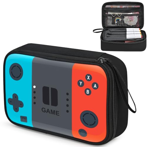 Large Pencil Box for Boys - Gamer Pencil Case Pouch with Zipper Compartment, Durable Wipable Fabric, Easy to Clean, Big Soft School Supplies Organizer Bag for Kids Grades 1-6 - color: Orange & Blue