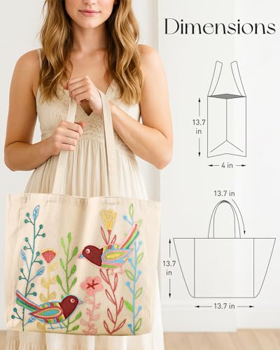 Miss Adola Embroidery Canvas Tote Bag with Pocket & Buckle - color: Bird