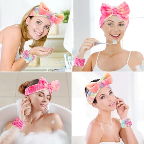 Wteehn 6pcs Headband and Wristband for Face Washing, Makeup Spa Skincare Headband, Skin Care Face Wash Headbands Wrist Bands Tools Set, for Women and Teen Girls Gifts - color: dark coloured+rose red