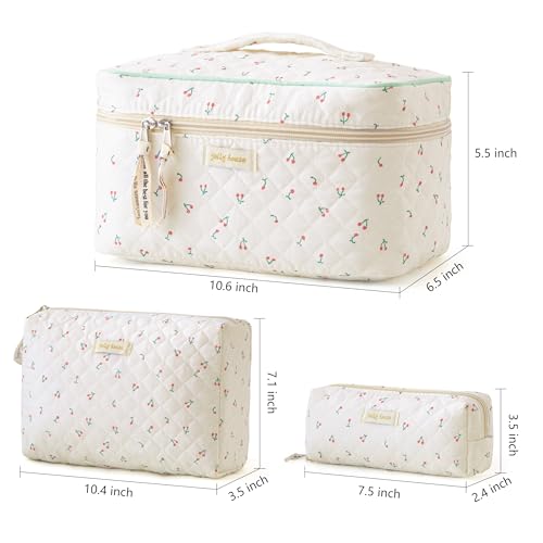 HBselect Quilted Makeup Bag, 3Pcs Cotton Large Travel Makeup Bags Organizer - color: A-3PCS-Cherry