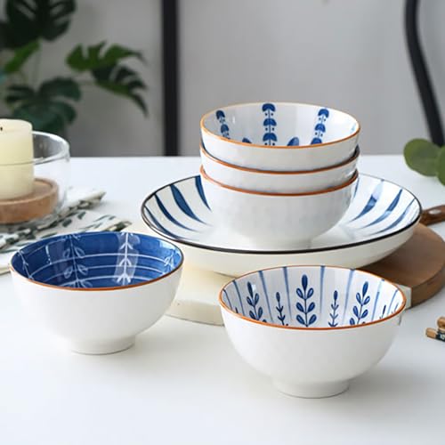 Ceramic Plates and Bowls Set, Japanese Style Dinnerware Set with Gift Box - Blue and White - 4 Rice Bowls and 2 Pasta Bowls - Kitchen Gifts for Women - color: Japanese A (4 bowls+2 plates)