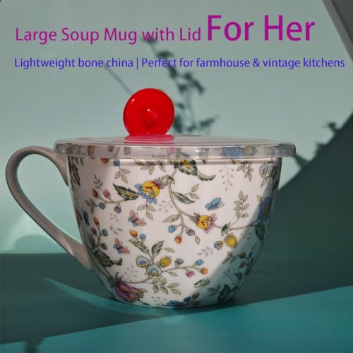 21 fl oz Lightweight Large Soup Mug with Lid Microwave Safe Bone China