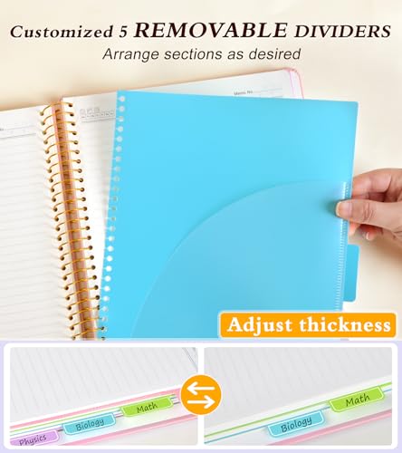 5 Subject Notebook College Ruled with Removable Pocket Dividers Tabs, 240 Pages Spiral Notebook 8.5 x 11, Lined Journal Notebook for Women , Hardcover Notebooks for Work School Note taking A4 Pink - color: Pink, size: A4