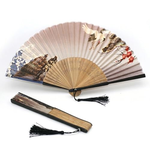Folding Hand Fan for Women - Foldable Chinese Japanese Vintage Bamboo Silk Fan - with Tassel and Pouch, Perfect for Decoration, Dance, Wedding,Music Festival，Party,Gifting（Red-Crowned Crane） - color: Red-crowned Crane