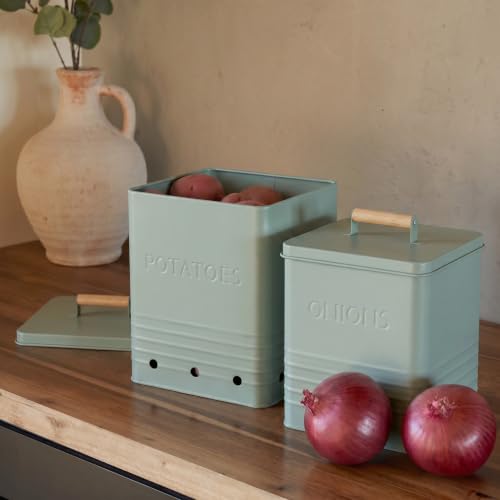 Beautiful Potato and Onion Storage Container Set - Food Safe Metal Bins - color: Sage