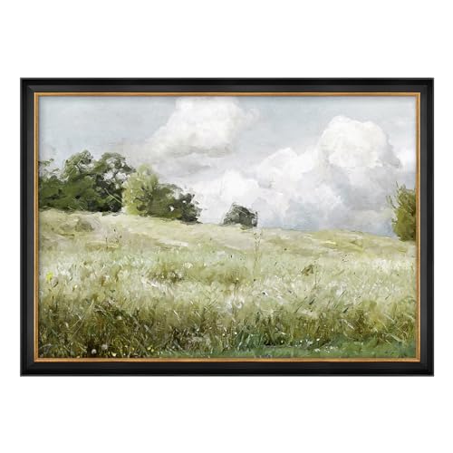MUDECOR Premium Framed Wall Art Green Meadow Under Stormy Clouds Nature Wilderness Illustrations Modern Rustic Colorful Multicolor for Living Room, Bedroom, Office - 26"x36" Black - color: A07-2308-yui10, size: 36"L x 26"W, style: Black Frame