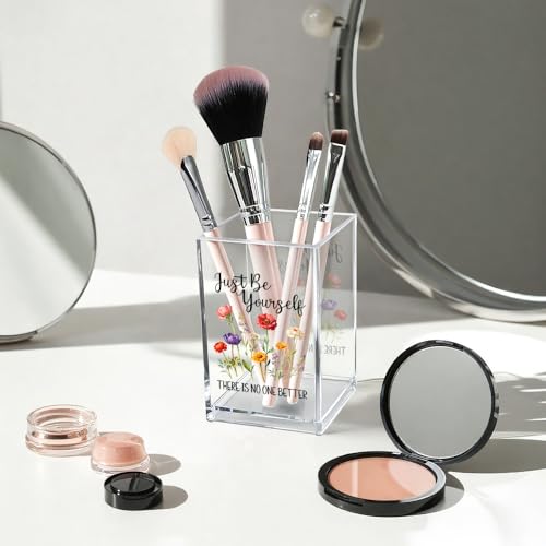 Just Be Yourself Acrylic Makeup Brush Organizer Holder, Motivational Vanity Desk Accessories for Bedroom Office, Inspirational Affirmation Quote Gifts for Women Girls Daughter Sister Coworker - style: Be Yourself
