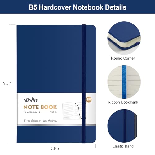 ViVin B5 Hardcover Lined Notebook,6.9x9.8 192 pg College Ruled Leather - color: Navy Blue, size: B5
