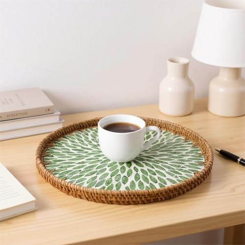 13.8" Round Mother of Pearl Inlay Rattan Green Leaves Design Serving Tray - color: Green Leaves