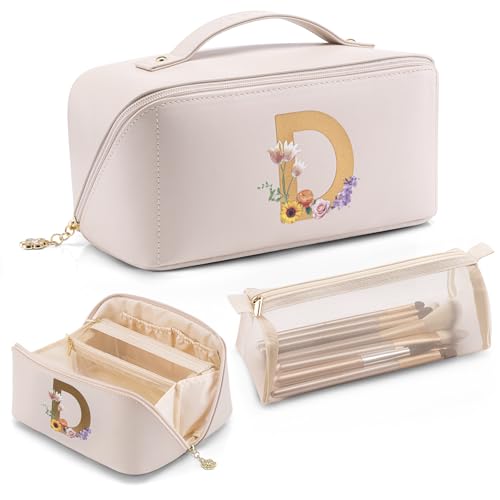 VLANDO Makeup Travel Bag with Separate Brush Pouch,Letter D,Off White - color: 14.White-D