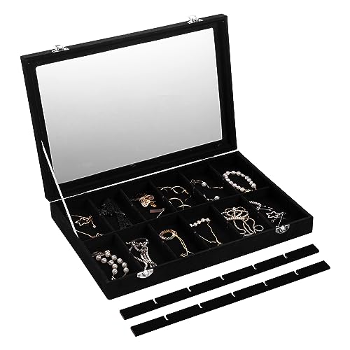 Frebeauty 24 Grid Earring Organizer,Velvet Jewelry Tray with Clear Lid - color: Black, size: 24 Grid