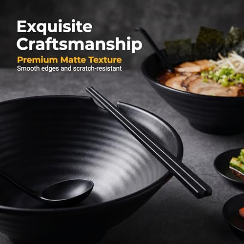 (Set of 2) Unbreakable Japanese Style Ramen Bowl with Chopsticks Spoon & Dipping Bowl Saucers, Large Black Matte Melamine Bowls for Pho Thai Miso Udon Soup Noodles, Asian Food & Wonton