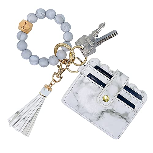 Keychain Wallet Wristlet Small Credit Card Holder Bracelet Key Chain Purse Bangle Tassel Beads Key Rings for Women - color: 01-marble