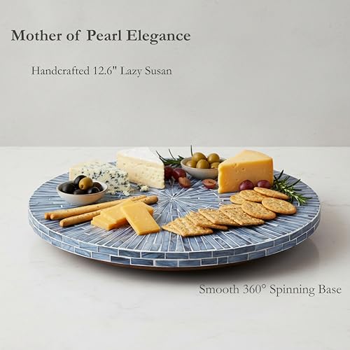 PEMAR 12.6” Handcrafted Mother of Pearl Blue Starburst Lazy Susan – Rotating Centerpiece for Dining Table, Elegant Beach House & Farmhouse Home Décor, Luxury Hostess & Housewarming Gift - color: Blue Starburst