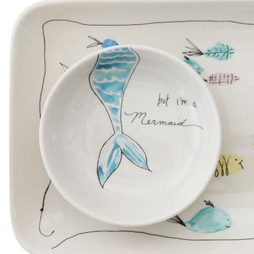 Creative Co-Op Coastal Stoneware Serving Platter and Dip Dish with Mermaid and Sea Life Illustrations, Multicolor - size: 11-3/4"L x 5-3/4"W